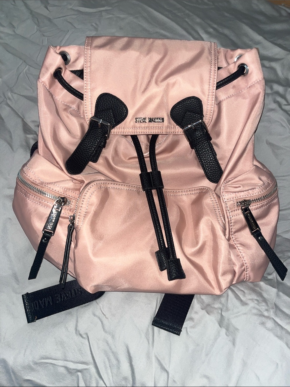 Steve Madden Pink Nylon Drawstring Backpack with Black Trim